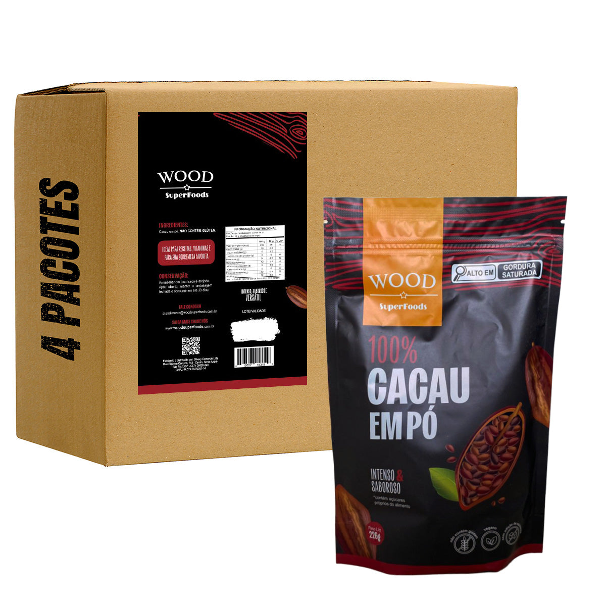 Kit 4 Cacau Em Pó Alcalino Natural 100% Cacau 226g