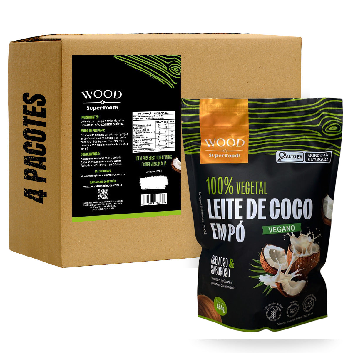 Kit 4 Leite de Coco em Pó 100% Vegetal Vegano Sem Lactose 454g