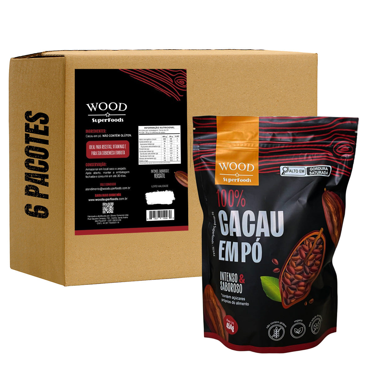 Kit 6 Cacau Em Pó Alcalino Natural 100% Cacau 454g
