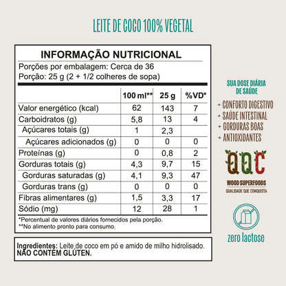 Leite de Coco em Pó 100% Vegetal Vegano Sem Lactose 907g
