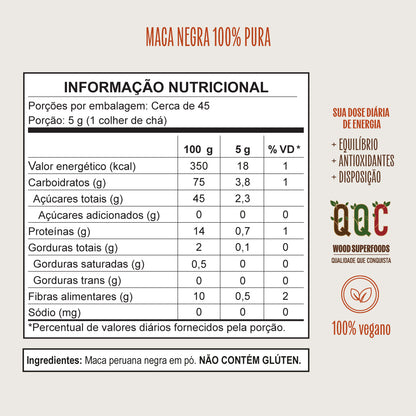 Maca Peruana Negra Em Pó Premium 100% Pura 226g Wood