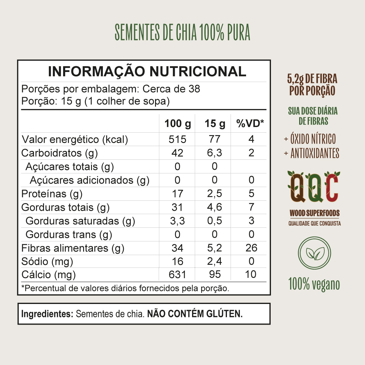 Semente de Chia 100% Pura Premium 567g Wood Superfoods