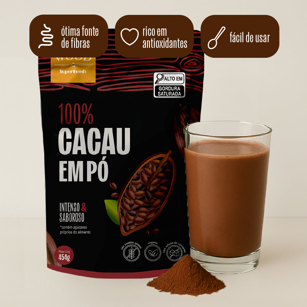 Kit 2 Cacau Em Pó Alcalino Natural 100% Cacau 454g