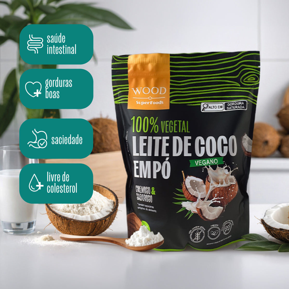 Leite de Coco em Pó 100% Vegetal Vegano Sem Lactose 907g – Wood Superfoods